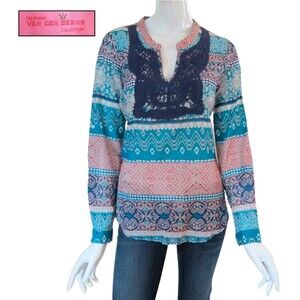 VAN DEN BERGH NEW Bohemian Striped Medallions Crochet Yoke Top M